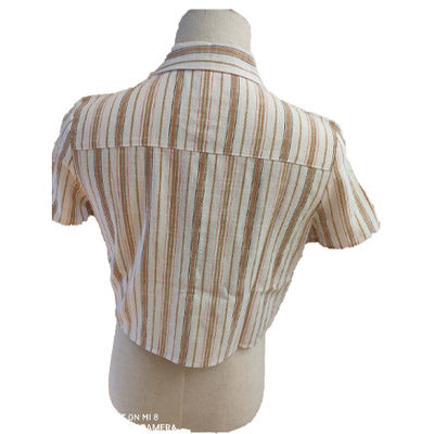 Tie Front Short Sleeve Female Brown Striped Blouse