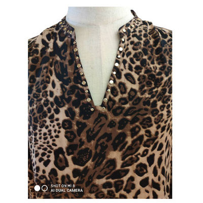 V Neck Leopard Print Long Sleeve Women Casual Blouses