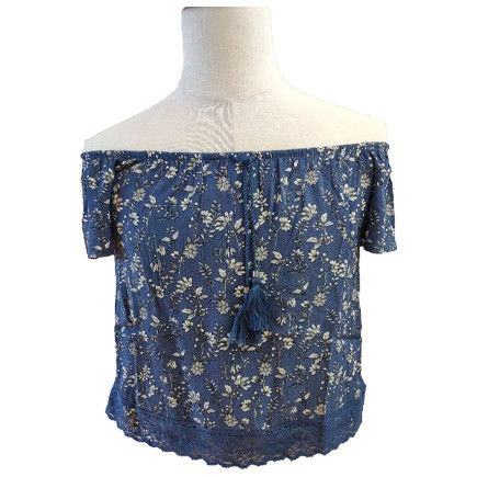 Plain dyed Laceup Ruffles Floral Print O Neck Shirt For Ladies